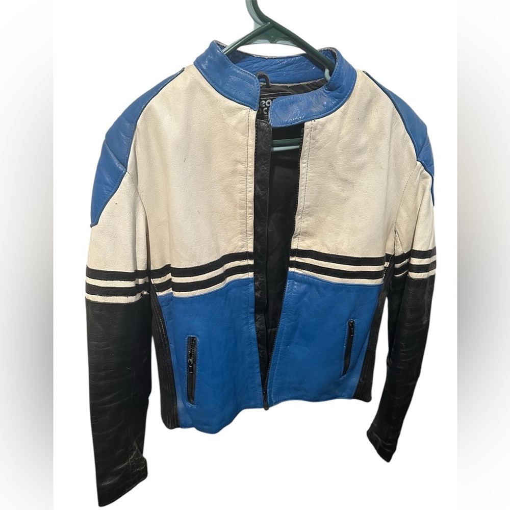 Vintage Team Racing blue and black leather biker jacket.